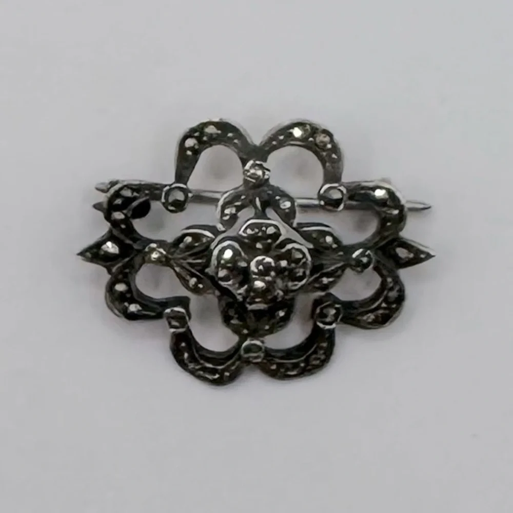 VINTAGE Sterling Silver Marcasite Flower Brooch